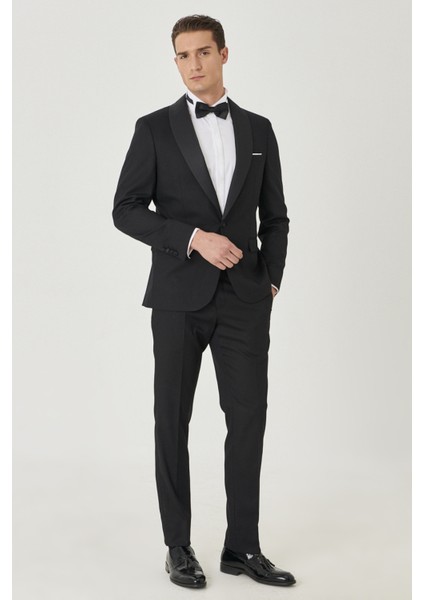 ALTINYILDIZ CLASSICS Erkek Siyah Slim Fit Dar Kesim Mono Yaka Balıksırtı Desenli Smokin Damatlık fiyatları