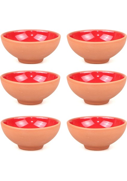 6 Parça 8 cm Kırmızı Sırlı Çömlek Toprak Kase
