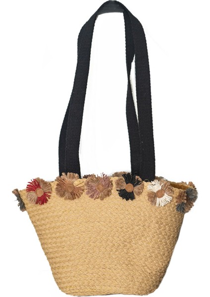 Bohem Çok Renkli Papatya Detaylı El Yapımı Hasır Kadın Plaj Çanta