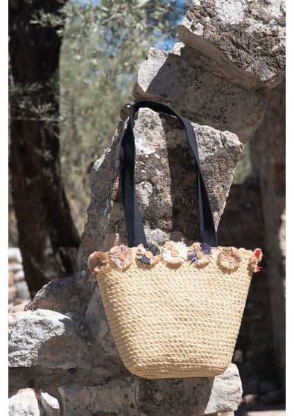 Bohem Çok Renkli Papatya Detaylı El Yapımı Hasır Kadın Plaj Çanta modelleri
