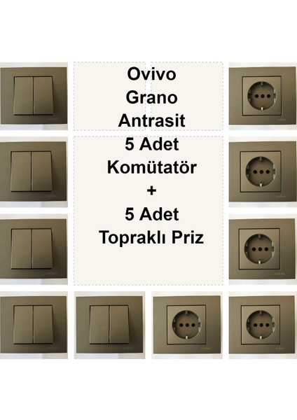 Ovivo Grano Antrasit 5 Adet Komütatör + 5 Adet Topraklı Priz