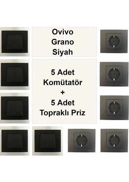 Ovivo Grano Siyah 5 Adet Komütatör + 5 Adet Topraklı Priz