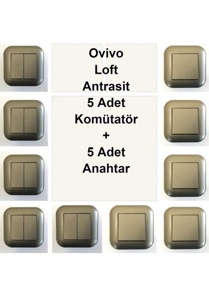 Ovivo Loft Antrasit 5 Adet Komütatör + 5 Adet Anahtar