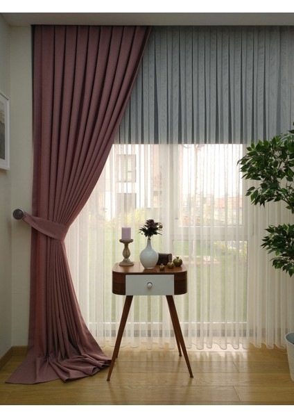 Gül Kurusu Düz Renk Pileli Keten Fon Perde, Seyrek Pile, Tek Kanat 50 x 250 cm.