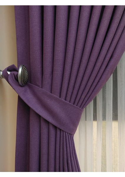 Koyu Lila Düz Renk Pileli Keten Fon Perde, Sık Pile, Tek Kanat 50 x 240 Cm.
