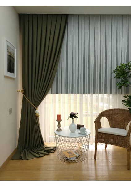 Haki Düz Renk Pileli Keten Fon Perde, Sık Pile, Tek Kanat 50 x 260 Cm.