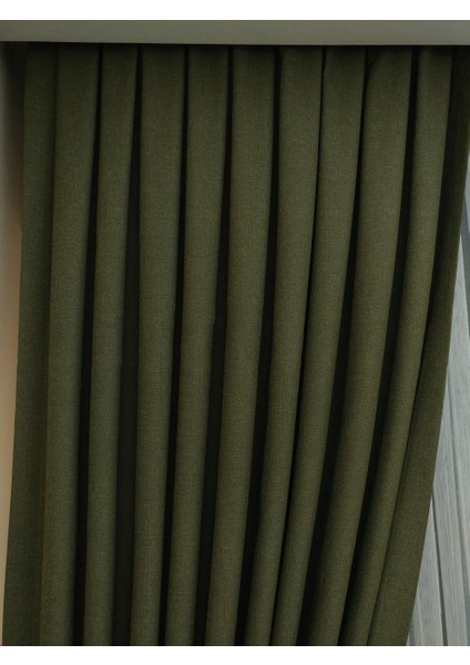 Haki Düz Renk Pileli Keten Fon Perde, Normal Pile, Tek Kanat 50 x 240 Cm.