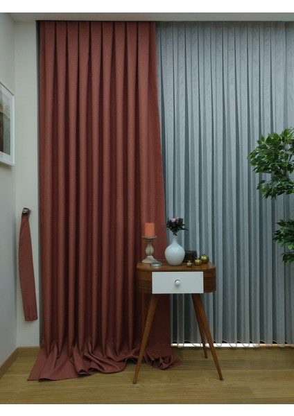Kiremit Düz Renk Pileli Keten Fon Perde, Sık Pile, Tek Kanat 50 x 260 cm