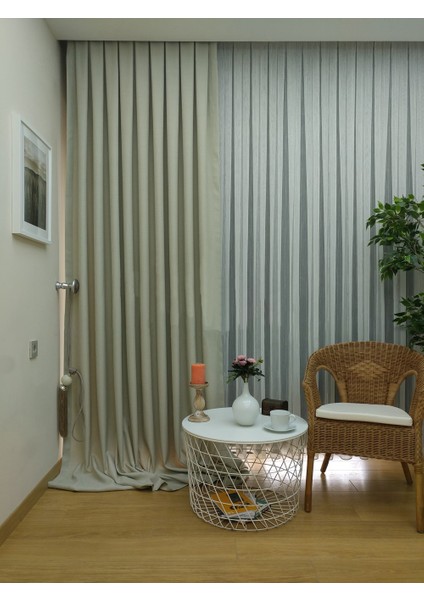 Krem Düz Renk Pileli Keten Fon Perde, Seyrek Pile, Tek Kanat 90 x 240 Cm.