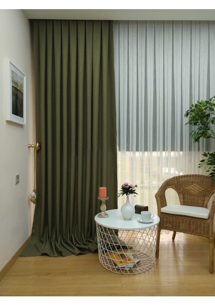 Haki Düz Renk Pilesiz Keten Fon Perde, Pilesiz Ekstraforlu, Tek Kanat 80 x 240 Cm.