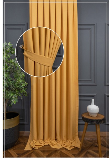 Hardal Düz Renk Pileli Keten Fon Perde, Normal Pile, Tek Kanat 340 x 260 Cm.