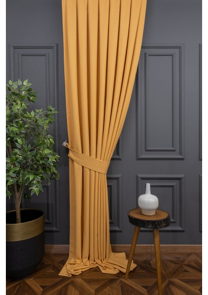 Hardal Düz Renk Pileli Keten Fon Perde, Normal Pile, Tek Kanat 340 x 260 Cm. fiyatları