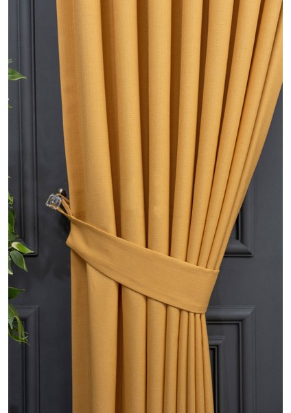 Hardal Düz Renk Pileli Keten Fon Perde, Normal Pile, Tek Kanat 340 x 260 Cm. fırsatları