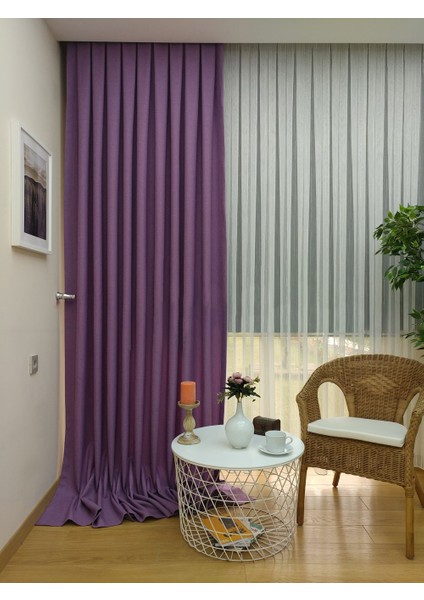 Koyu Lila Düz Renk Pileli Keten Fon Perde, Seyrek Pile, Tek Kanat 70 x 260 Cm.