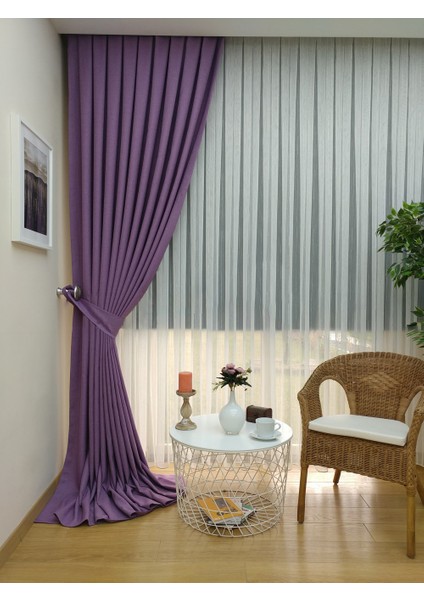 Koyu Lila Düz Renk Pileli Keten Fon Perde, Seyrek Pile, Tek Kanat 70 x 260 Cm.
