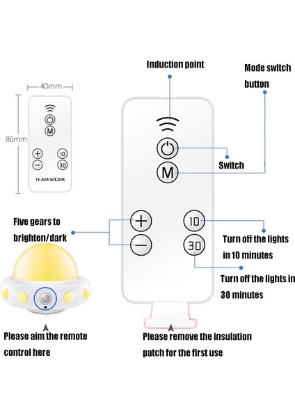 Ufo Uzaktan Kumanda Akıllı Sensör USB Şarj LED Gece Lambası Sarı