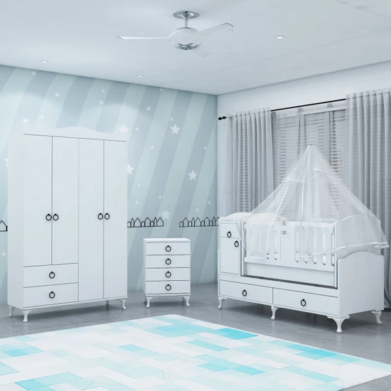 Garaj Home Sude Asansörlü Yıldız 4 Kapaklı Bebek Odası Takımı - Yatak ve Uyku Seti Kombinli