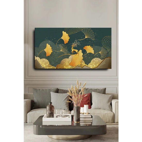 Home Arths Dekoratif Soyut Altın Geyikli Altın Yaprak Sürreal Kanvas Duvar Tablosu 120X60CM