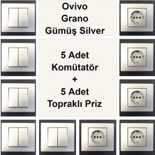 Çağatay Elektrik Ovivo Grano Gümüş Silver 5 Adet Komütatör + 5 Adet Topraklı Priz