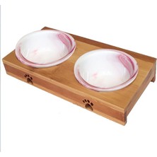 Carno Ahşap Sehpalı Ikili Pembe Seramik Mama Kabı