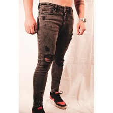 Eliesar Elite  Açık Kahverengi Yırtık ve Fermuarlı Dar Paça Detaylı Slim Fit Jeans