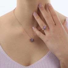 Lieza Jewelry Gümüş Mor Taşlı Lotus Çiçeği Kolye Yüzük Mini Set