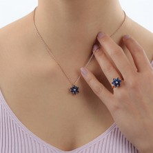 Lieza Jewelry Gümüş Lacivert Taşlı Lotus Çiçeği Kolye Yüzük Mini Set