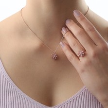 Lieza Jewelry Gümüş Pembe Taşlı Lotus Çiçeği Kolye Yüzük Mini Set