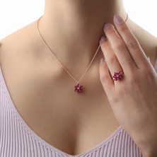 Lieza Jewelry Gümüş Pembe Taşlı Lotus Çiçeği Kolye Yüzük Mini Set