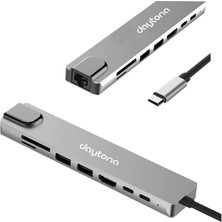 Daytona CF10 Macbook Uyumlu Type-C™ To 4K HDMI Tv Projeksiyon Ultra Hd 1080P 2* Type-C 2* USB 3.0  Ethernet Lan 2* SD 8IN1 Çevirici Hub Adaptör