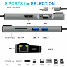 Daytona FC09 Macbook Uyumlu Type-C to 4K 1080p HD HDMI 1000 Mbps Ethernet RJ45 PD Sd Kart  2* USB  3.0  VGA 8IN1 Çevirici Hub Adaptör