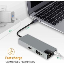 Daytona FC09 Macbook Uyumlu Type-C to 4K 1080p HD HDMI 1000 Mbps Ethernet RJ45 PD Sd Kart  2* USB  3.0  VGA 8IN1 Çevirici Hub Adaptör