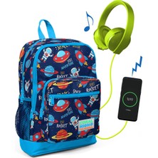 Coral High Kids Lacivert Uzay Desenli USB Şarjlı Kulaklık Çıkışlı Okul Sırt Çantası 23280