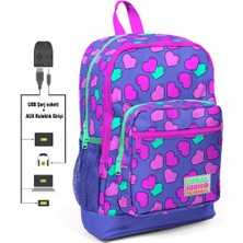 Coral High Kids Lavanta Kalp Desenli  USB Şarjlı Kulaklık Çıkışlı Okul Sırt Çantası 23263