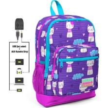 Coral High Kids Mor Kedi Desenli Dört Bölmeli USB Şarjlı Kulaklık Çıkışlı Okul Sırt Çantası 23264