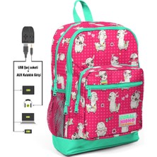 Coral High Kids Neon Mercan Alpaka Desenli USB Şarjlı Kulaklık Çıkışlı Okul Sırt Çantası 23268