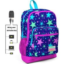 Coral High Kids Saks Yıldız Desenli USB Şarjlı Kulaklık Çıkışlı Okul Sırt Çantası 23271