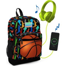 Coral High Kids Siyah Basketbol Toplu USB Şarjlı Kulaklık Çıkışlı Okul Sırt Çantası 23281