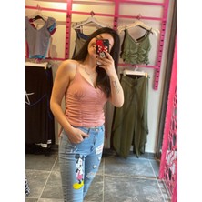 Butik Ponçik Omuz Askısı Ayarlanabilir Balon Tasarım Gül Rengi Bluz