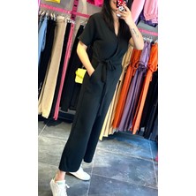Butik Ponçik Siyah Viscon Kumaş Kuşak Detaylı Tulum