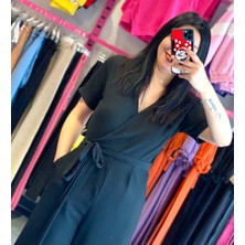 Butik Ponçik Siyah Viscon Kumaş Kuşak Detaylı Tulum