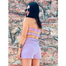 Butik Ponçik Lila Mendil Tasarım Straplez Crop Top