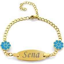 DAVİD BLACK Turkuaz Papatya Detaylı Gold Renk Kişiye Özel Isim Yazılı Çelik Kadın Bileklik