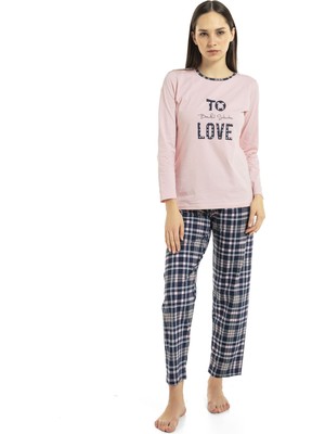 Vıshenka Kadın Love Yazı Baskılı %100 Pamuk Pembe Renk Pijama Takımı
