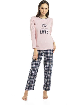Vıshenka Kadın Love Yazı Baskılı %100 Pamuk Pembe Renk Pijama Takımı