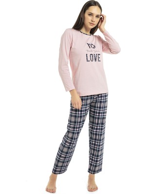 Vıshenka Kadın Love Yazı Baskılı %100 Pamuk Pembe Renk Pijama Takımı