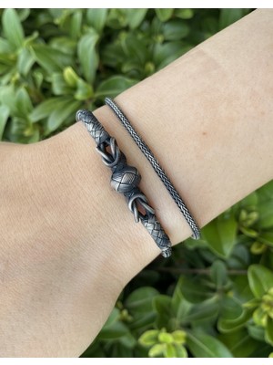 Kazzaze Kazaziye Bileklik Kombin 999 Ayar Gümüş – Örgü & Zincir Set (2’li), Oksitli