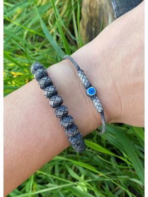 Kazzaze Kazaziye Nazar Boncuklu Bileklik Kombin, 999 Ayar Gümüş, El Yapımı Örgü ve Toplu Set,Oksitli, Kalın