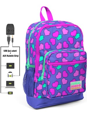 Coral High Kids Lavanta Kalp Desenli  USB Şarjlı Kulaklık Çıkışlı Okul Sırt Çantası 23263