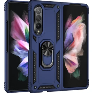 Samsung Galaxy Z Fold 3 5g Için Çift Katmanlı Ağır Askeri Sınıf Darbeye Halkalı Standlı Kılıf Mavi (Yurt Dışından)